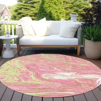 8' Pink Green And Ivory Round Abstract Washable Indoor Outdoor Area Rug