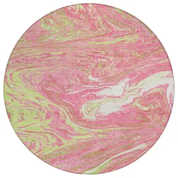 8' Pink Green And Ivory Round Abstract Washable Indoor Outdoor Area Rug