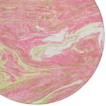 8' Pink Green And Ivory Round Abstract Washable Indoor Outdoor Area Rug