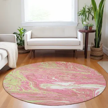 8' Pink Green And Ivory Round Abstract Washable Indoor Outdoor Area Rug