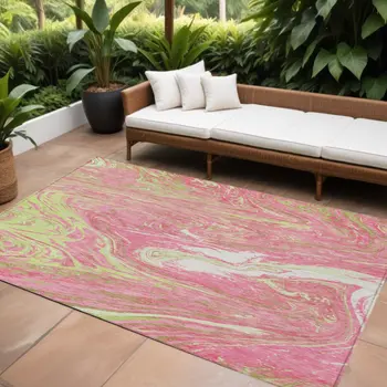 10' X 14' Pink Green And Ivory Abstract Washable Indoor Outdoor Area Rug