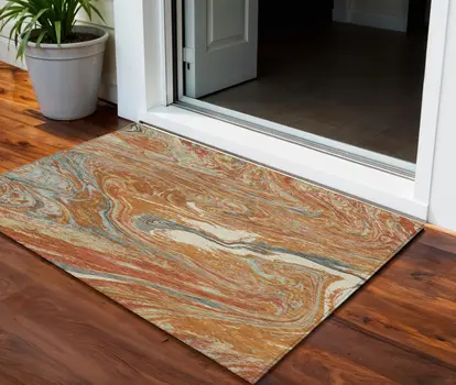 3' X 5' Brown Beige And Gray Abstract Washable Indoor Outdoor Area Rug