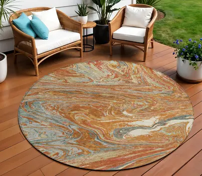 8' Brown Beige And Gray Round Abstract Washable Indoor Outdoor Area Rug