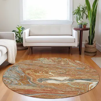 8' Brown Beige And Gray Round Abstract Washable Indoor Outdoor Area Rug