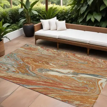 9' X 12' Brown Beige And Gray Abstract Washable Indoor Outdoor Area Rug