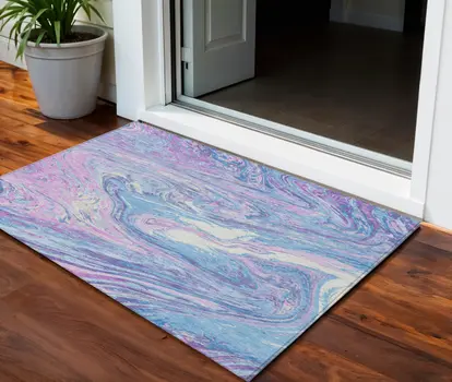 3' X 5' Sky Blue Lavender And Ivory Abstract Washable Indoor Outdoor Area Rug