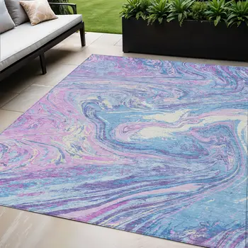 5' X 8' Sky Blue Lavender And Ivory Abstract Washable Indoor Outdoor Area Rug