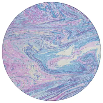 8' Sky Blue Lavender And Ivory Round Abstract Washable Indoor Outdoor Area Rug