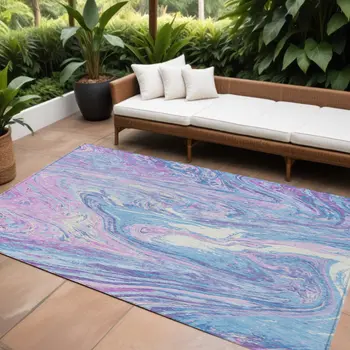 10' X 14' Sky Blue Lavender And Ivory Abstract Washable Indoor Outdoor Area Rug