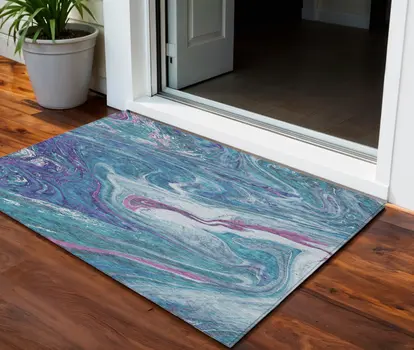 3' X 5' Teal Blue Purple And Pink Abstract Washable Indoor Outdoor Area Rug