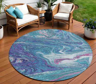 8' Teal Blue Purple And Pink Round Abstract Washable Indoor Outdoor Area Rug