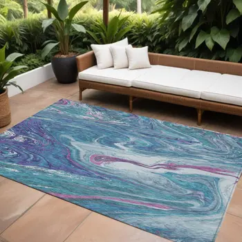 8' X 10' Teal Blue Purple And Pink Abstract Washable Indoor Outdoor Area Rug