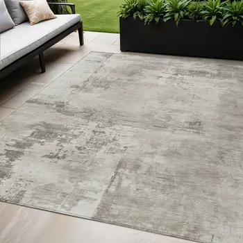 5' X 8' Beige And Gray Abstract Washable Indoor Outdoor Area Rug