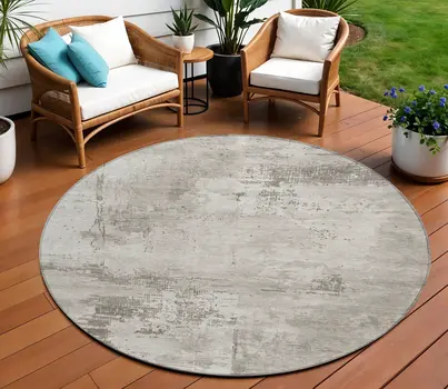 8' Beige And Gray Round Abstract Washable Indoor Outdoor Area Rug