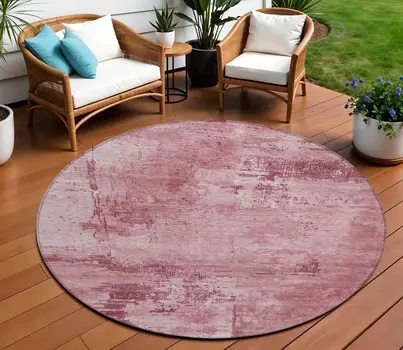 8' Blush And Ivory Round Abstract Washable Indoor Outdoor Area Rug