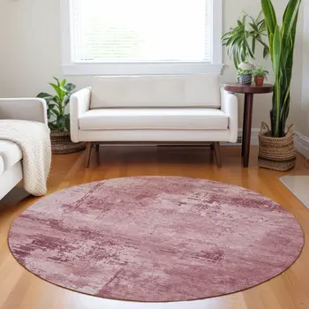 8' Blush And Ivory Round Abstract Washable Indoor Outdoor Area Rug