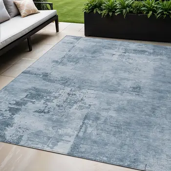 5' X 8' Denim Blue And Silver Abstract Washable Indoor Outdoor Area Rug
