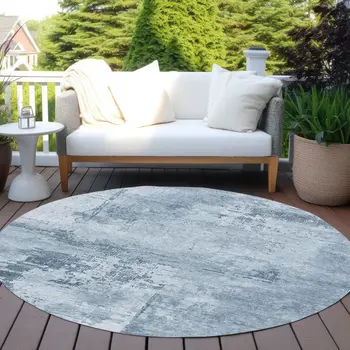 8' Denim Blue And Silver Round Abstract Washable Indoor Outdoor Area Rug