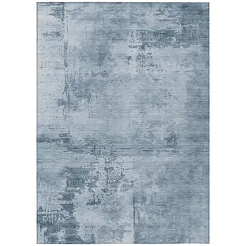 9' X 12' Denim Blue And Silver Abstract Washable Indoor Outdoor Area Rug