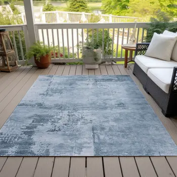 10' X 14' Denim Blue And Silver Abstract Washable Indoor Outdoor Area Rug