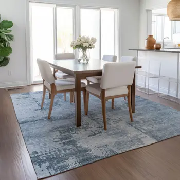 10' X 14' Denim Blue And Silver Abstract Washable Indoor Outdoor Area Rug
