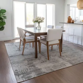 8' X 10' Gray And Silver Abstract Washable Indoor Outdoor Area Rug