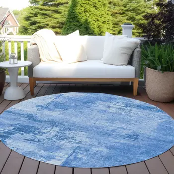 8' Navy Blue And Ivory Round Abstract Washable Indoor Outdoor Area Rug