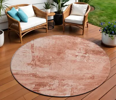8' Crimson And Ivory Round Abstract Washable Indoor Outdoor Area Rug