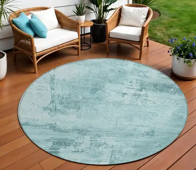 8' Blue And Ivory Round Abstract Washable Indoor Outdoor Area Rug