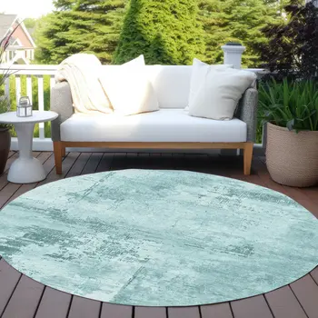 8' Blue And Ivory Round Abstract Washable Indoor Outdoor Area Rug