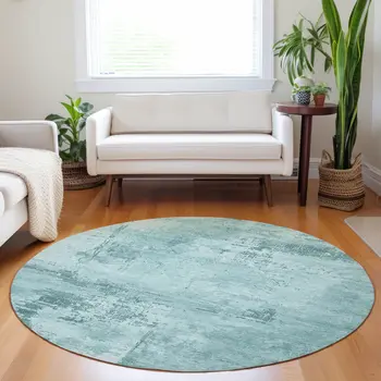 8' Blue And Ivory Round Abstract Washable Indoor Outdoor Area Rug