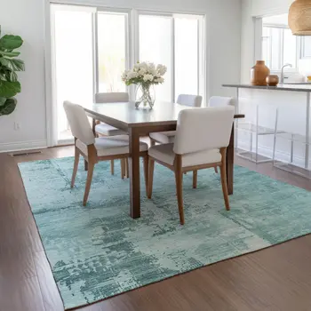 9' X 12' Blue And Ivory Abstract Washable Indoor Outdoor Area Rug