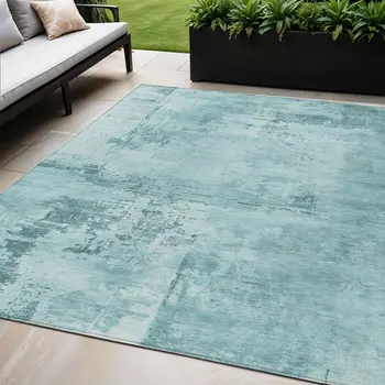 5' X 8' Teal Blue And Ivory Abstract Washable Indoor Outdoor Area Rug