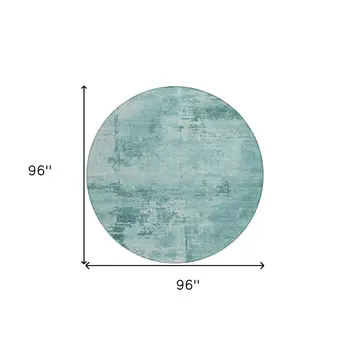 8' Teal Blue And Ivory Round Abstract Washable Indoor Outdoor Area Rug