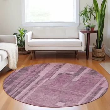 8' Blush And Brown Round Striped Washable Indoor Outdoor Area Rug