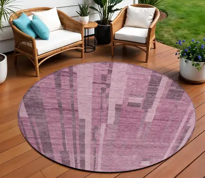 8' Blush And Brown Round Striped Washable Indoor Outdoor Area Rug
