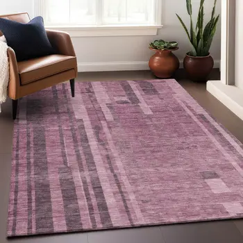 10' X 14' Blush And Brown Striped Washable Indoor Outdoor Area Rug