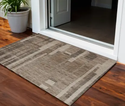 3' X 5' Brown And Beige Striped Washable Indoor Outdoor Area Rug