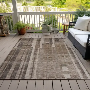 3' X 5' Brown And Beige Striped Washable Indoor Outdoor Area Rug