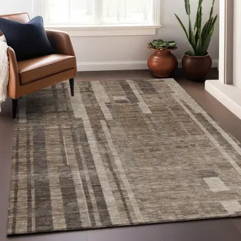 8' X 10' Brown And Beige Striped Washable Indoor Outdoor Area Rug