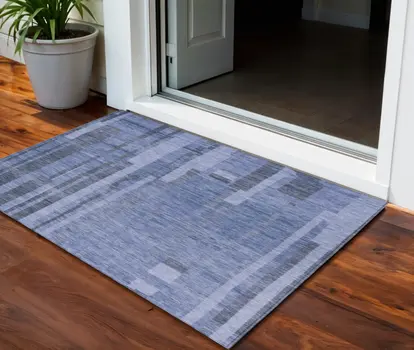 3' X 5' Denim Blue And Charcoal Striped Washable Indoor Outdoor Area Rug