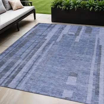 5' X 8' Denim Blue And Charcoal Striped Washable Indoor Outdoor Area Rug