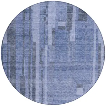8' Denim Blue And Charcoal Round Striped Washable Indoor Outdoor Area Rug