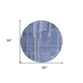 8' Denim Blue And Charcoal Round Striped Washable Indoor Outdoor Area Rug