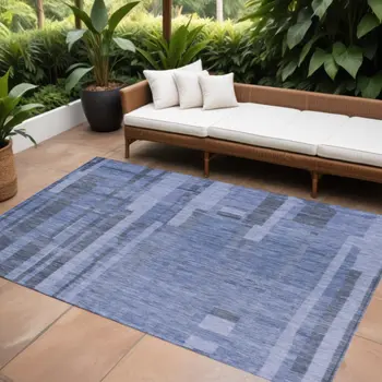 8' X 10' Denim Blue And Charcoal Striped Washable Indoor Outdoor Area Rug