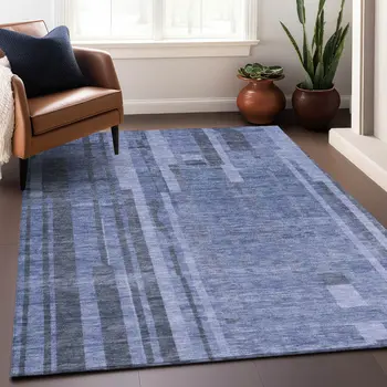 8' X 10' Denim Blue And Charcoal Striped Washable Indoor Outdoor Area Rug