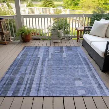 9' X 12' Denim Blue And Charcoal Striped Washable Indoor Outdoor Area Rug
