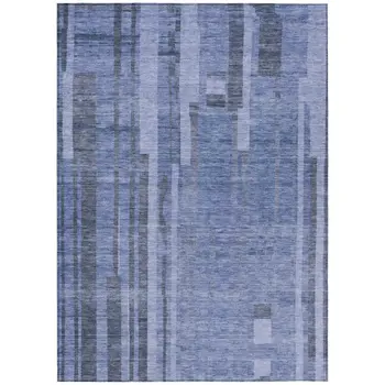 9' X 12' Denim Blue And Charcoal Striped Washable Indoor Outdoor Area Rug