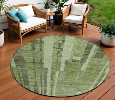 8' Green And Gray Round Striped Washable Indoor Outdoor Area Rug