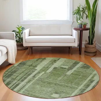8' Green And Gray Round Striped Washable Indoor Outdoor Area Rug